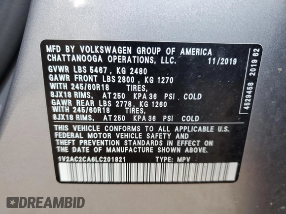 2020 Volkswagen Atlas S with VIN 1V2AC2CA6LC201821, listed as a Copart auction lot 53657775 with 100,051 mi miles and Salvage title. Bid and sale history available at DreamBid. Image 13.