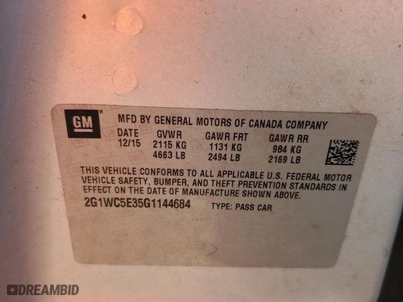 2016 Chevrolet Impala Limited LTZ with VIN 2G1WC5E35G1144684, listed as a Copart auction lot 46490305 with NaN miles and Salvage Title. Bid and sale history available at carsss.com. Image 13.