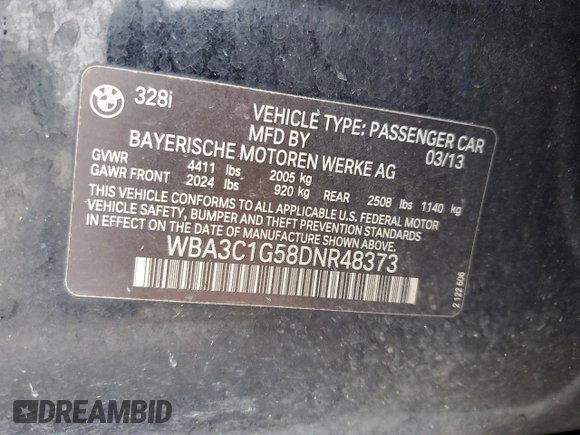 2013 BMW 3 Series 328i with VIN WBA3C1G58DNR48373, listed as a Copart auction lot 60780035 with 234,231 mi miles and Salvage title. Bid and sale history available at DreamBid. Image 12.