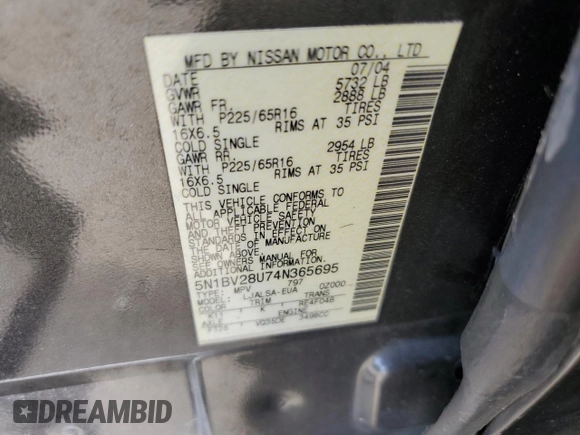 2004 Nissan Quest S with VIN 5N1BV28U74N365695, listed as a Copart auction lot 52963885 with 206,206 mi miles and Salvage Title. Bid and sale history available at carsss.com. Image 15.