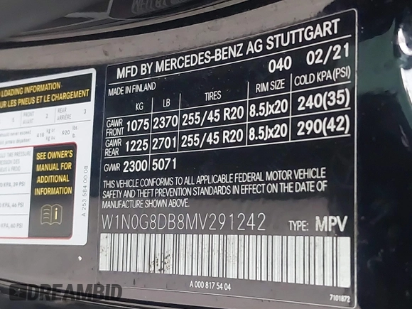 2021 Mercedes-Benz GLC 300 with VIN W1N0G8DB8MV291242, listed as a IAAI auction lot 42424790 with 51,039 mi miles and . Bid and sale history available at DreamBid. Image 9.