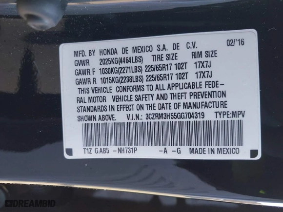 2016 Honda CR-V EX with VIN 3CZRM3H55GG704319, listed as a IAAI auction lot 41881698 with 170,246 mi miles. Bid and sale history available at carsss.com. Image 9.