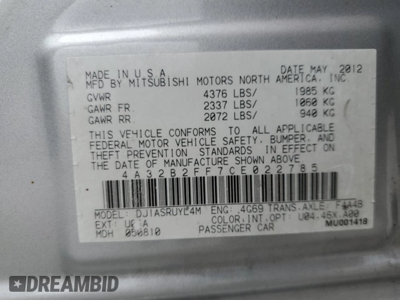 2012 Mitsubishi Galant FE z VIN 4A32B2FF7CE022785, wystawiony jako Copart lot #55182125 z przebiegiem 132 031 mil mil oraz Czysty tytuł • Clean title. Historia ofert i sprzedaży dostępna na DreamBid. Obrazek 12.