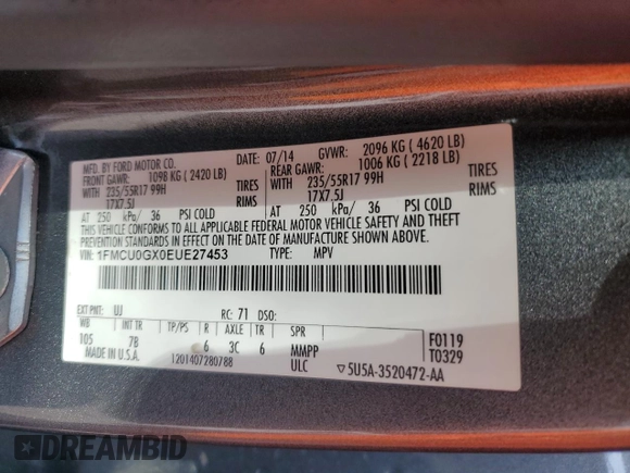2014 Ford Escape SE z VIN 1FMCU0GX0EUE27453, wystawiony jako Copart lot #59437875 z przebiegiem 154 177 mil mil oraz Czysty tytuł • Clean title. Historia ofert i sprzedaży dostępna na DreamBid. Obrazek 13.