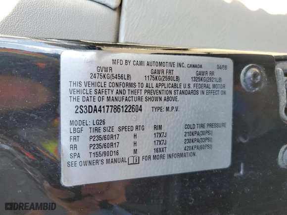 2008 Suzuki XL7 Luxury with VIN 2S3DA417786122604, listed as a Copart auction lot 76018554 with 124,700 mi miles and Salvage Title. Bid and sale history available at carsss.com. Image 13.