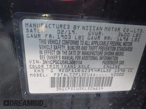 2019 Nissan Kicks S with VIN 3N1CP5CU5KL506114, listed as a IAAI auction lot 41999927 with 80,576 mi miles and . Bid and sale history available at carsss.com. Image 9.