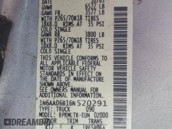 2006 Nissan Titan XE with VIN 1N6AA06B16N520291, listed as a Copart auction lot 86431734 with Not Provided miles and Clean Title. Bid and sale history available at carsss.com. Image 12.
