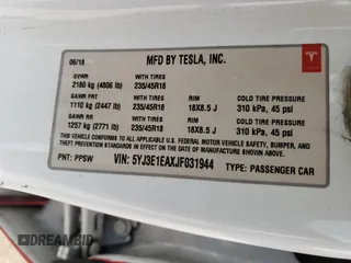 2018 Tesla Model 3 Long Range Battery with VIN 5YJ3E1EAXJF031944, listed as a Copart auction lot 53619445 with 146,031 mi miles and Salvage Title. Bid and sale history available at DreamBid. Image 12.