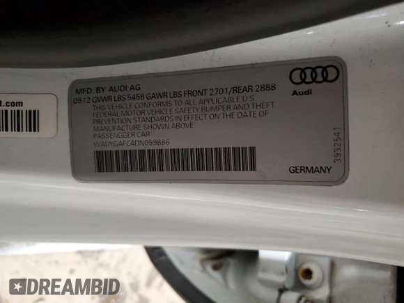 2013 Audi A7 3.0 Premium Plus with VIN WAUYGAFC4DN059886, listed as a Copart auction lot 47807485 with 164,789 mi miles and Salvage Title. Bid and sale history available at carsss.com. Image 12.