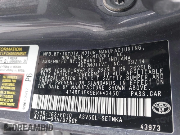 2014 Toyota Camry L with VIN 4T4BF1FK9ER443450, listed as a IAAI auction lot 41889283 with 205,020 mi miles. Bid and sale history available at carsss.com. Image 9.