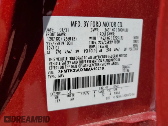 2021 Ford Mustang Mach-E Premium z VIN 3FMTK3SUXMMA10218, wystawiony jako Copart lot #56288255 z przebiegiem 63 334 mil mil oraz Szkoda całkowita • Salvage title. Historia ofert i sprzedaży dostępna na DreamBid. Obrazek 13.