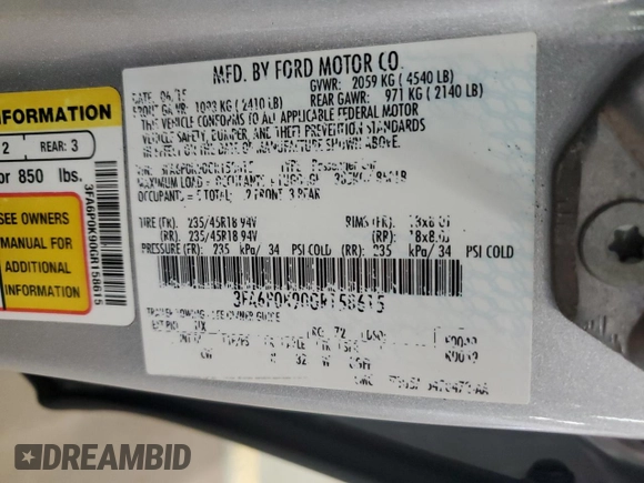 2016 Ford Fusion Titanium with VIN 3FA6P0K90GR158615, listed as a Copart auction lot 65207255 with 176,304 mi miles and Clean title. Bid and sale history available at DreamBid. Image 12.