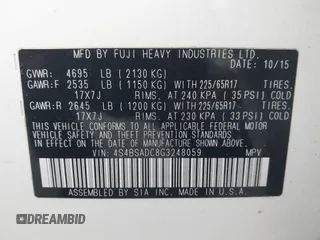 2016 Subaru Outback 2.5i Premium with VIN 4S4BSADC8G3248059, listed as a IAAI auction lot 41831160 with 77,965 mi miles. Bid and sale history available at carsss.com. Image 9.
