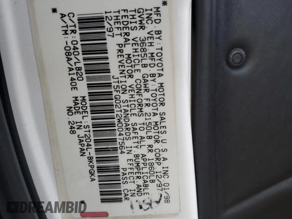 1998 Toyota Celica GT z VIN JT5FG02T2W0047564, wystawiony jako Copart lot #75727344 z przebiegiem 225 802 mil mil oraz Szkoda całkowita • Salvage title. Historia ofert i sprzedaży dostępna na DreamBid. Obrazek 12.