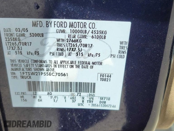 2005 Ford F-250 XL с VIN 1FTSW21P55EC70561, выставлен на аукционе Copart как лот 58500605 с пробегом 122 723 миль миль и На запчасти • Non repairable. История ставок и продаж доступна на DreamBid. Изображение 10.