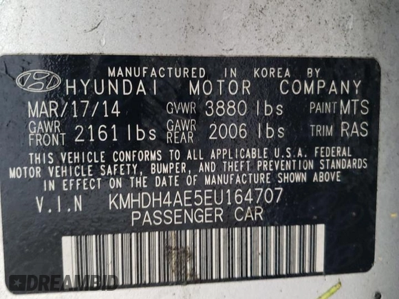 2014 Hyundai Elantra SE z VIN KMHDH4AE5EU164707, wystawiony jako Copart lot #57222345 z przebiegiem Nie podano mil oraz Szkoda całkowita • Salvage title. Historia ofert i sprzedaży dostępna na DreamBid. Obrazek 12.
