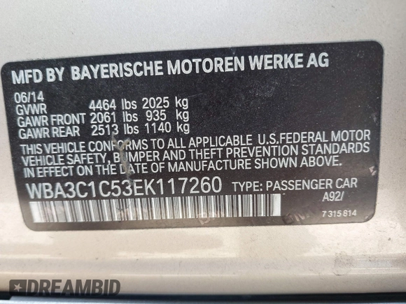 2014 BMW 3 Series 328i with VIN WBA3C1C53EK117260, listed as a IAAI auction lot 41996712 with 92,725 mi miles and . Bid and sale history available at carsss.com. Image 9.