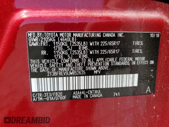 2018 Toyota RAV4 LE with VIN 2T3BFREV9JW852635, listed as a Copart auction lot 59807005 with 60,519 mi miles and Salvage title. Bid and sale history available at DreamBid. Image 14.