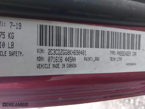 2019 Dodge Challenger SXT with VIN 2C3CDZGG8KH690401, listed as a IAAI auction lot 41313735 with 67,227 mi miles. Bid and sale history available at carsss.com. Image 9.