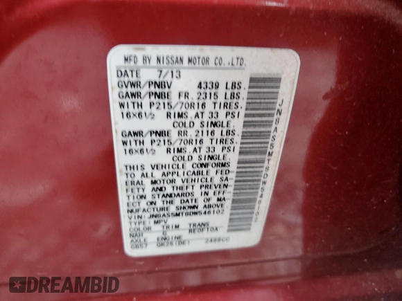 2013 Nissan Rogue SL with VIN JN8AS5MT8DW546102, listed as a Copart auction lot 47964055 with 190,182 mi miles and Salvage Title. Bid and sale history available at carsss.com. Image 13.