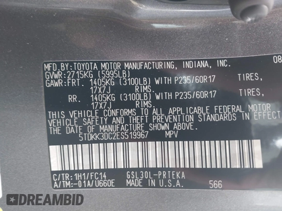 2014 Toyota Sienna LE AAS z VIN 5TDKK3DC2ES519967, wystawiony jako IAAI lot #41863397 z przebiegiem 124 130 mil mil oraz . Historia ofert i sprzedaży dostępna na DreamBid. Obrazek 9.