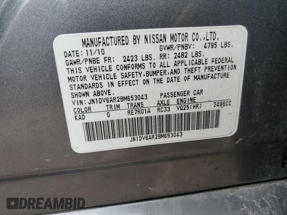 2011 Infiniti G25 Sedan x with VIN JN1DV6AR2BM653043, listed as a Copart auction lot 52509685 with 107,724 mi miles and Salvage Title. Bid and sale history available at carsss.com. Image 12.
