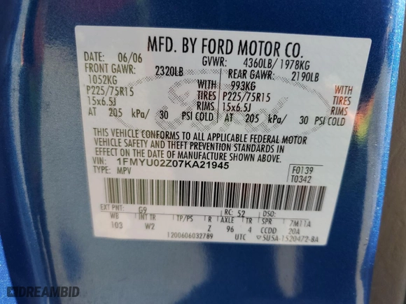 2007 Ford Escape XLS with VIN 1FMYU02Z07KA21945, listed as a Copart auction lot 46545535 with 0 mi miles and Salvage Title. Bid and sale history available at carsss.com. Image 13.