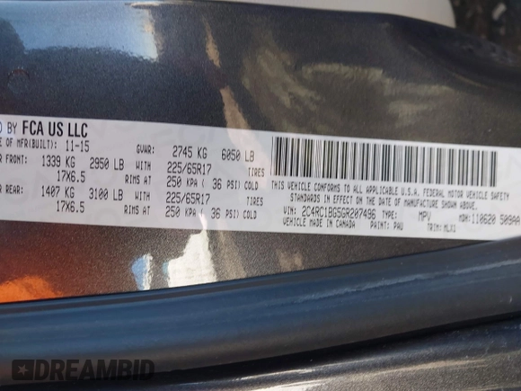 2016 Chrysler Town & Country Touring with VIN 2C4RC1BG5GR207496, listed as a IAAI auction lot 41908883 with 68,910 mi miles. Bid and sale history available at carsss.com. Image 9.