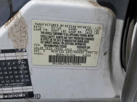 2010 Nissan Sentra S with VIN 3N1AB6AP5AL722326, listed as a Copart auction lot 57353355 with 124,717 mi miles and Salvage title. Bid and sale history available at DreamBid. Image 12.
