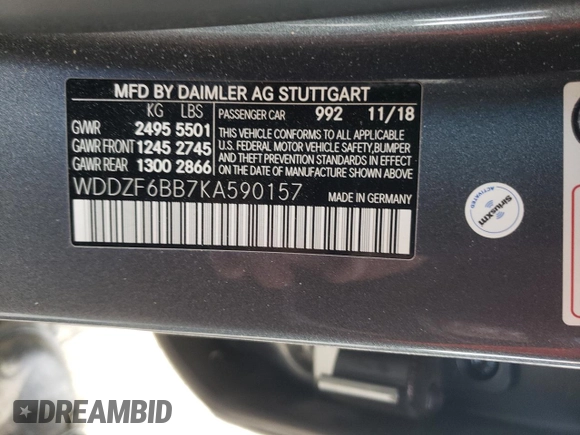 2019 Mercedes-Benz E-Class AMG E 53 with VIN WDDZF6BB7KA590157, listed as a Copart auction lot 69962673 with 35,225 mi miles. Bid and sale history available at carsss.com. Image 12.