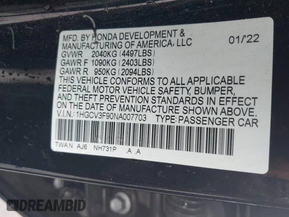 2022 Honda Accord Touring with VIN 1HGCV3F90NA007703, listed as a IAAI auction lot 41506563 with 35,714 mi miles and . Bid and sale history available at DreamBid. Image 9.