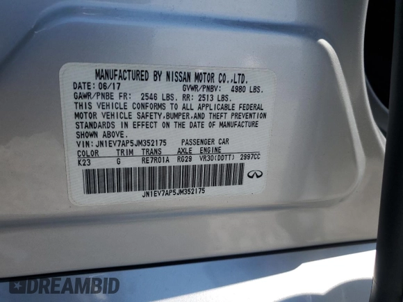2018 Infiniti Q50 Luxe with VIN JN1EV7AP5JM352175, listed as a Copart auction lot 61762335 with 64,375 mi miles and Salvage title. Bid and sale history available at DreamBid. Image 12.