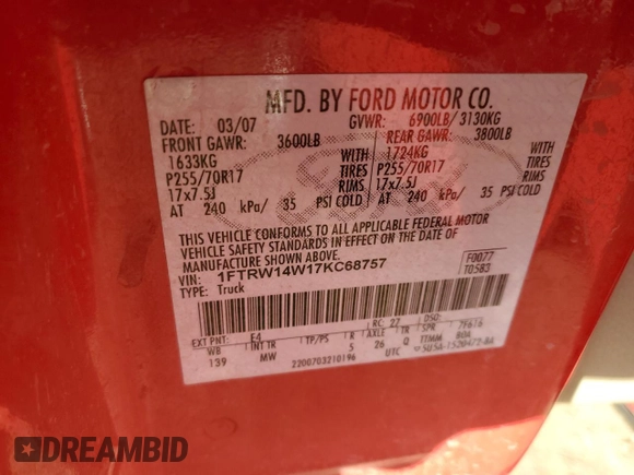 2007 Ford F-150 XLT with VIN 1FTRW14W17KC68757, listed as a Copart auction lot 43472665 with 222,107 mi miles and Salvage title. Bid and sale history available at DreamBid. Image 14.