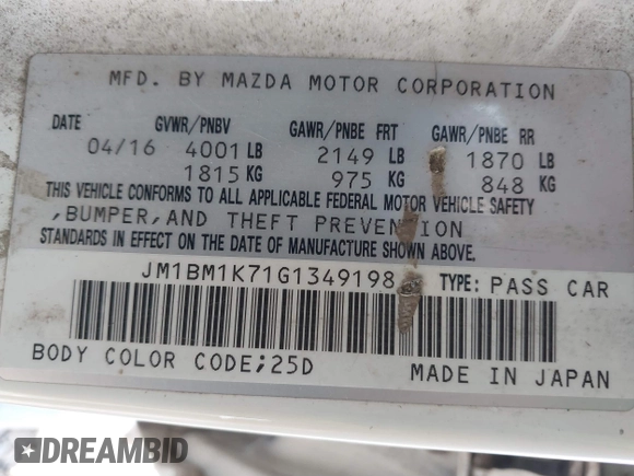 2016 Mazda 3 i Sport with VIN JM1BM1K71G1349198, listed as a IAAI auction lot 41084727 with 205,624 mi miles and . Bid and sale history available at DreamBid. Image 9.