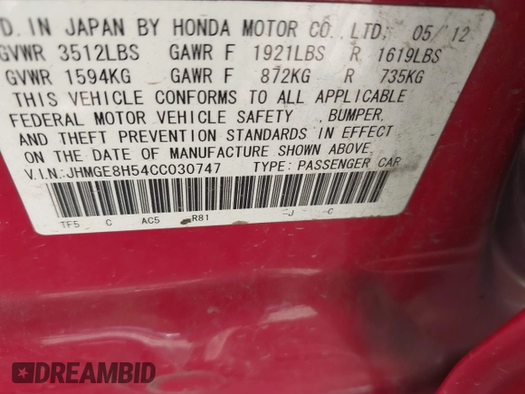 2012 Honda Fit Sport with VIN JHMGE8H54CC030747, listed as a IAAI auction lot 42272618 with 115,347 mi miles and . Bid and sale history available at DreamBid. Image 9.