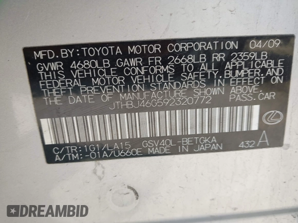 2009 Lexus ES 330 с VIN JTHBJ46G592320772, выставлен на аукционе IAAI как лот 42478383 с пробегом 212 808 миль миль и . История ставок и продаж доступна на DreamBid. Изображение 9.