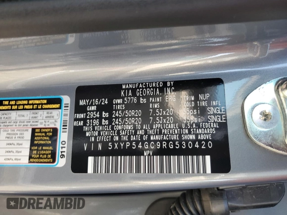 2024 Kia Telluride SX with VIN 5XYP54GC9RG530420, listed as a Copart auction lot 58373725 with 13,035 mi miles and Salvage title. Bid and sale history available at DreamBid. Image 12.