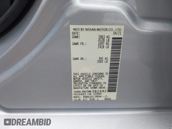 2021 Nissan Altima 2.5 S with VIN 1N4BL4BV5MN382492, listed as a IAAI auction lot 41743644 with 51,123 mi miles. Bid and sale history available at carsss.com. Image 9.