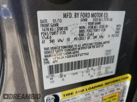 2013 Ford Expedition EL XL with VIN 1FMJK1G5XDEF27702, listed as a Copart auction lot 67960764 with 0 mi miles and Salvage Title. Bid and sale history available at carsss.com. Image 13.