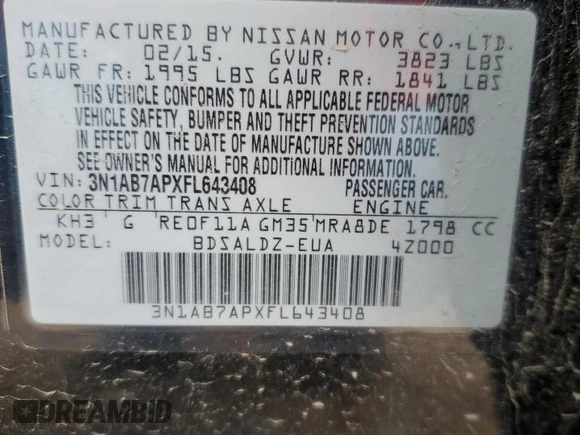 2015 Nissan Sentra SV with VIN 3N1AB7APXFL643408, listed as a Copart auction lot 47801415 with 154,392 mi miles and Salvage Title. Bid and sale history available at carsss.com. Image 14.