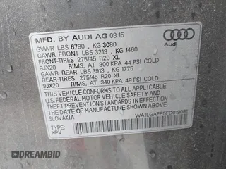 2015 Audi Q7 Premium Plus with VIN WA1LGAFE5FD019091, listed as a IAAI auction lot 42484106 with 140,999 mi miles and . Bid and sale history available at DreamBid. Image 9.