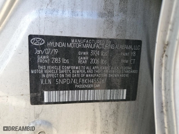 2019 Hyundai Elantra SE with VIN 5NPD74LF8KH455267, listed as a Copart auction lot 46378155 with 117,415 mi miles and Salvage Title. Bid and sale history available at carsss.com. Image 15.