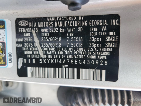 2014 Kia Sorento EX with VIN 5XYKU4A78EG430926, listed as a Copart auction lot 50834915 with 89,762 mi miles and Salvage Title. Bid and sale history available at carsss.com. Image 13.
