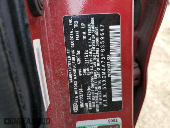 2015 Kia Optima LX with VIN 5XXGM4A75FG359647, listed as a Copart auction lot 50391055 with 197,738 mi miles and Salvage Title. Bid and sale history available at carsss.com. Image 14.