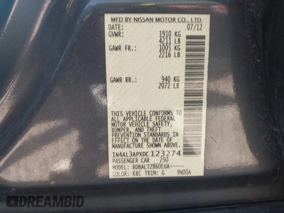 2013 Nissan Altima SV with VIN 1N4AL3APXDC123274, listed as a IAAI auction lot 42137247 with 160,286 mi miles and . Bid and sale history available at DreamBid. Image 9.