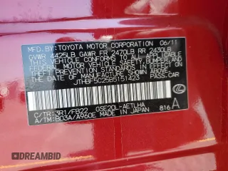 2011 Lexus IS 250 с VIN JTHBF5C25B5151423, выставлен на аукционе Copart как лот 60656385 с пробегом 181 109 миль миль и Списание • Salvage title. История ставок и продаж доступна на DreamBid. Изображение 12.