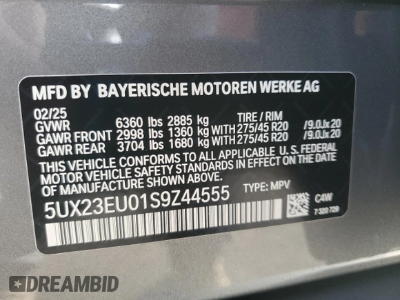2025 BMW X5 xDrive40i with VIN 5UX23EU01S9Z44555, listed as a Copart auction lot 48656295 with 90 mi miles and Salvage Title. Bid and sale history available at carsss.com. Image 14.