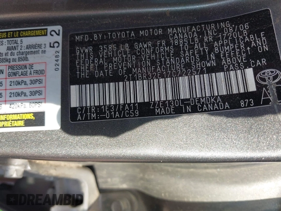 2007 Toyota Corolla CE with VIN 2T1BR32E17C722571, listed as a IAAI auction lot 42683904 with 299,999 mi miles and . Bid and sale history available at DreamBid. Image 9.