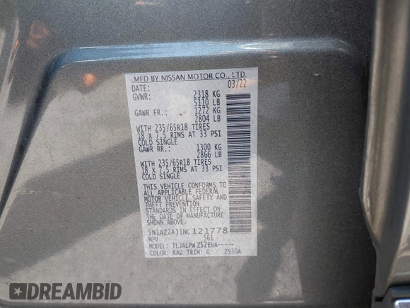 2022 Nissan Murano S with VIN 5N1AZ2AJ1NC121778, listed as a IAAI auction lot 41986383 with 65,218 mi miles and . Bid and sale history available at DreamBid. Image 9.