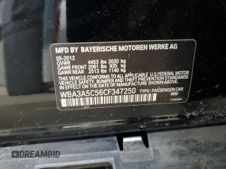 2012 BMW 3 Series 328i with VIN WBA3A5C56CF347250, listed as a Copart auction lot 50598665 with 134,361 mi miles and Salvage title. Bid and sale history available at DreamBid. Image 14.
